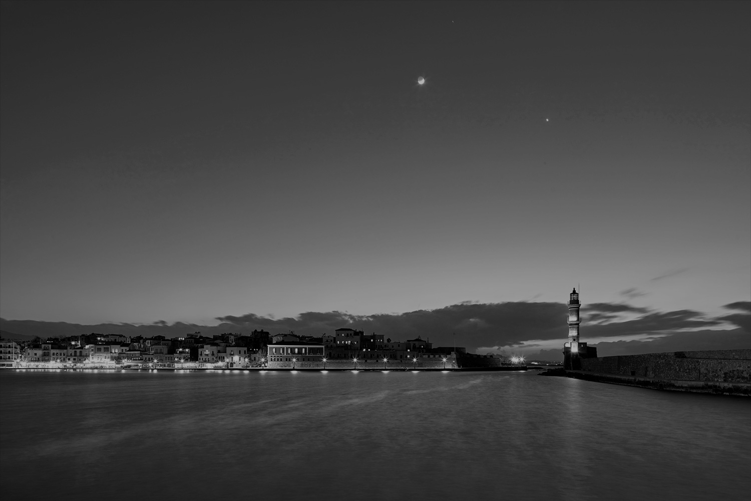 black and white image of chania at night